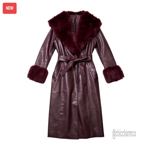 Jackets & Blazers - Leather Coat with Faux Fur Trim Belted Long Elegant Chic Outerwear